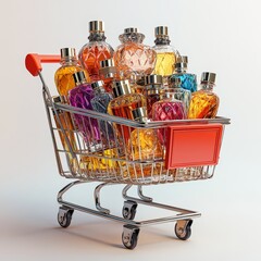Shopping Cart Filled with Luxury Perfumes and Fragrance Bottles in 3D Rendering Effect on White Background - High-Quality Product Photography