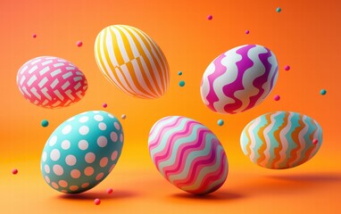 Fototapeta premium Vibrant Easter eggs in polka-dot and zigzag patterns floating on a vivid orange-to-pink gradient background
