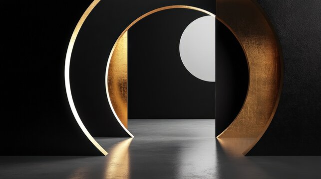 Creative poster for a luxury brand, featuring minimalistic design with gold accents and a monochrome backdrop,