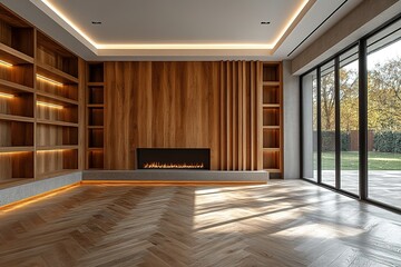 Fototapeta premium Modern living room with wooden fireplace and built-in shelving. Sunlight streams in through large windows.