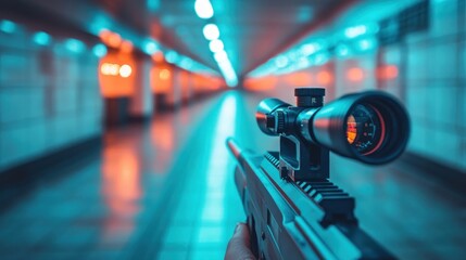 Obraz premium Sniper rifle aimed down a neon-lit urban subway tunnel.