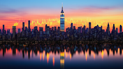 Obraz premium NYC Skyline at Sunset with Stock Market Graph Overlay 
