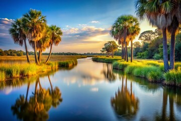 Obraz premium Minimalist River Scene: Palmetto Trees and Tranquil Water