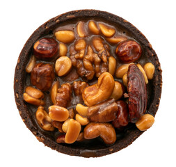 Bar with peanuts, hazelnuts, caramel and chocolate on a white background. View from above. Nut bar isolate. Sugar