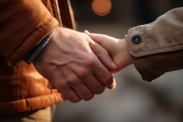 Close up of dad's hand holding his child's hand. concept of fatherhood, parenthood, parental love, international father's day June 18