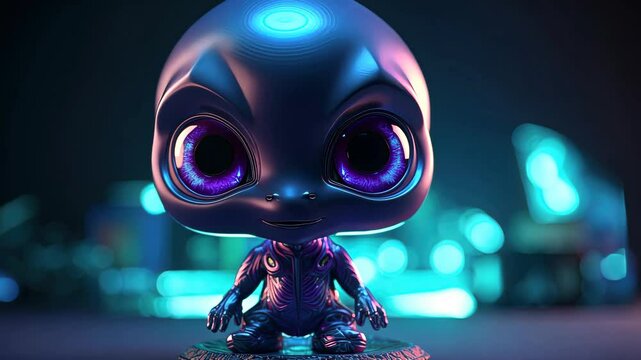 Cute chibi art in nft style. 3d rendering of a little alien in front of stage lights.