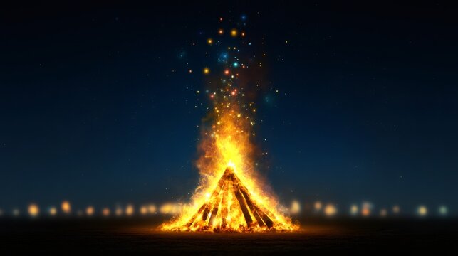 holiday bonfire art, festive postcard featuring a traditional holika dahan bonfire with glowing flames, perfect for the occasion