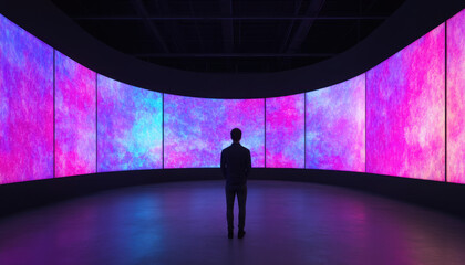 A person admiring vibrant digital art in a modern gallery space, showcasing creativity.