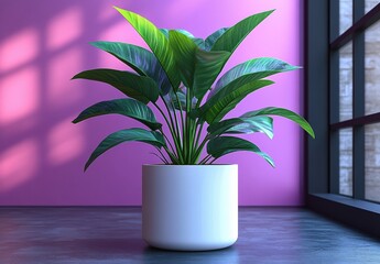 A large plant in the corner of an empty room with pink walls and purple shadows,
