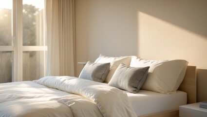 Cozy sunlit bedroom with soft pillows and morning glow