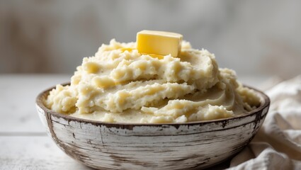 Creamy Mashed Potatoes in Wooden Bowl with Butter Pat on Top.