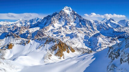 Naklejka premium Snow-capped mountain range panorama under a vibrant blue sky.