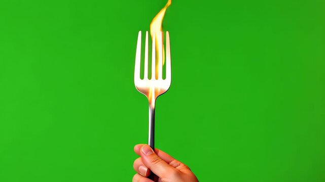 Burning Fork: A hand holds a fork engulfed in flames, against a vibrant green background.  The image is a captivating visual metaphor for passion, intensity, and the pursuit of culinary excellence. 