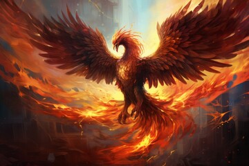 Obraz premium Painting of a phoenix rising from ashes, symbolizing rebirth, renewal, and the power of resilience