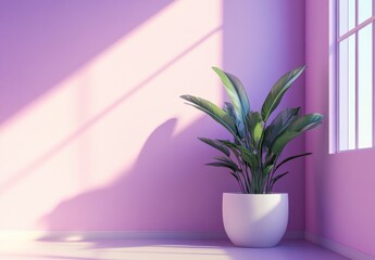 A large plant in the corner of an empty room with pink walls and purple shadows,