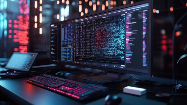 Large monitor displaying source code and data processing with a blurred background of a modern office at night, creating a technological atmosphere
