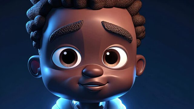 Horizontal cute chibi art portrait african guy. Blue glowing lights. Highlited background.