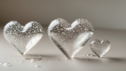 Fototapeta premium Delicate Glass Hearts Covered In Sparkling Water Droplets.