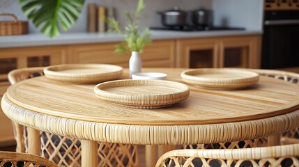 Eco friendly bamboo dining set with woven seats on kitchen background