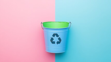 Eco friendly bucket with recycled materials on pink and blue background