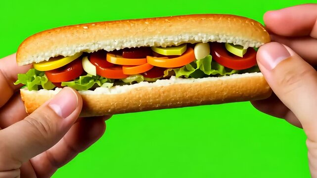 Delicious Veggie Sandwich: A close-up shot of a fresh and colorful veggie sandwich, held in hands, showcasing its vibrant layers of lettuce, tomato, onion, and pickles on a soft, golden bun.