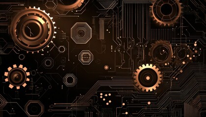 Obraz premium Abstract Technology Background Copper Gears Circuits and Industrial Design