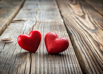 Fototapeta premium Minimalist Valentine's Day: Two Red Hearts on Rustic Wood