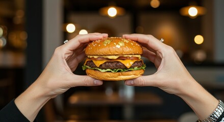 Close-up of hands holding a classic cheeseburger with lettuce and tomato in a restaurant setting