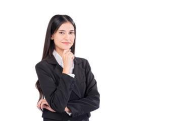 Confident leadership businesswoman in a black suit, posing thoughtfully. Ideal for themes related to corporate strategy, leadership, and professionalism