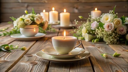 Fototapeta premium Minimalist Wedding Table Decor: Teacup Candles & Rustic Elegance
