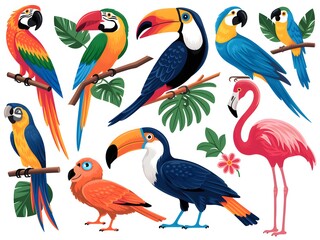 Obraz premium Vibrant Tropical Birds: Flamingos, Toucans, and Macaw.