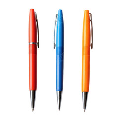 Fototapeta premium three pens arranged horizontally on a plain background the pens are in vibrant colors red. blue. and orange. with a sleek design and metal tips. suitable for writing or drawing they symbolize creativi