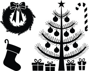 Fototapeta premium Black santa claus reindeer Christmas tree wall decal season elements