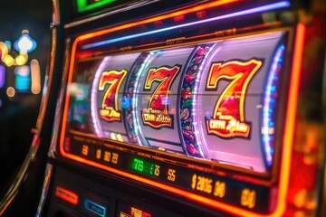 dramatic slot machine scene showing brightly glowing jackpot symbols surrounded by vibrant lights and action