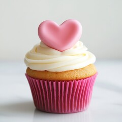 A pink cupcake topped with a heart-shaped fondant decoration sitting on white