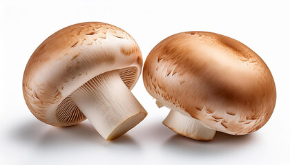 two sparkling mushrooms champignons one whole and the opposite cut in half of remoted on white history with clipping direction