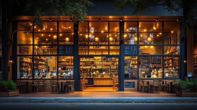 Stylish, inviting cafe/grocery store storefront at night, lit with warm lights, showcasing wooden interior and outdoor seating.