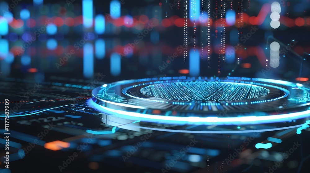 Poster digital coin with a sleek, futuristic design, floating in a holographic display with data charts in 