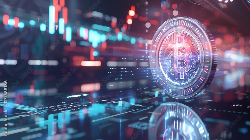Poster digital coin with a sleek, futuristic design, floating in a holographic display with data charts in 