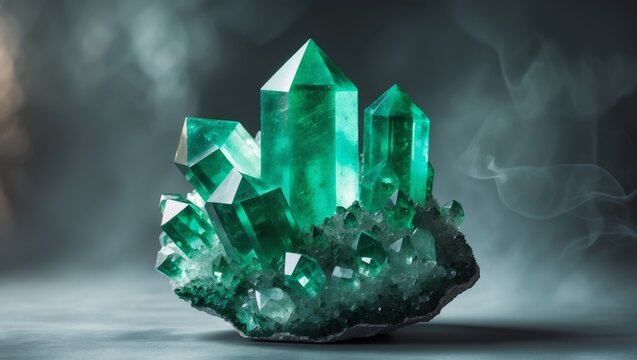 Emerald Crystal Cluster with Smoky Background