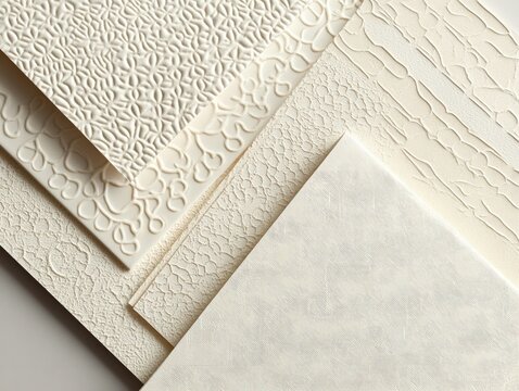 Elegant stationery design for a high-end hotel, with soft neutral tones and embossed patterns,
