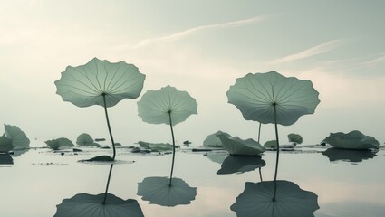 Floating Lotus Leaves on Calm Water Surface with Peaceful Setting.