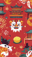 Colorful Chinese New Year design featuring vibrant red background, dragon mask, and festive elements