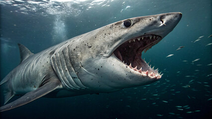 Naklejka premium A powerful grey shark with rows of sharp white teeth swims through the blue ocean water near a colorful coral reef