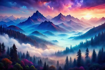 Obraz premium Misty Mountain Abstract Painting, Low Light Landscape Art, Digital Fine Art Print
