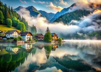Obraz premium Misty Mountain Lake Village: Serene Landscape Photography