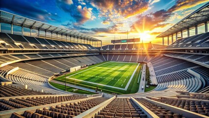 Modern American Football Stadium, Grey Seats, Panoramic Landscape, Daytime