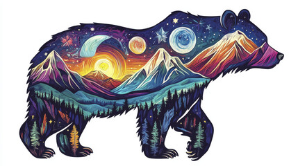 Fototapeta premium Colorful bear silhouette with mountains and cosmic elements, vibrant art