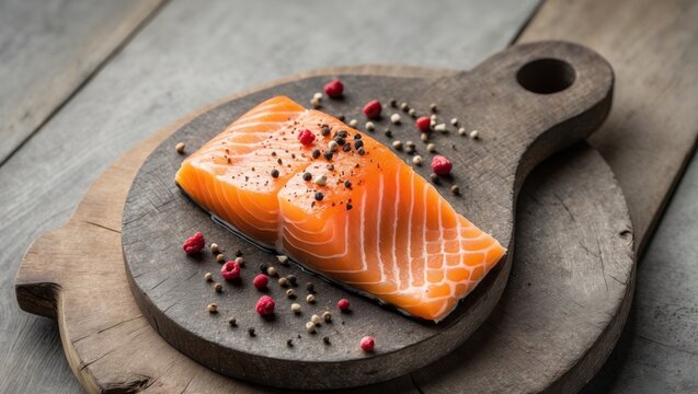 Fresh Salmon Slice with Pepper Mix on Rustic Wooden Board.