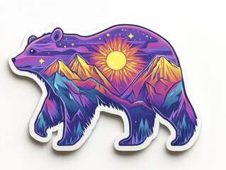 Colorful bear illustration with mountains and sun on white background